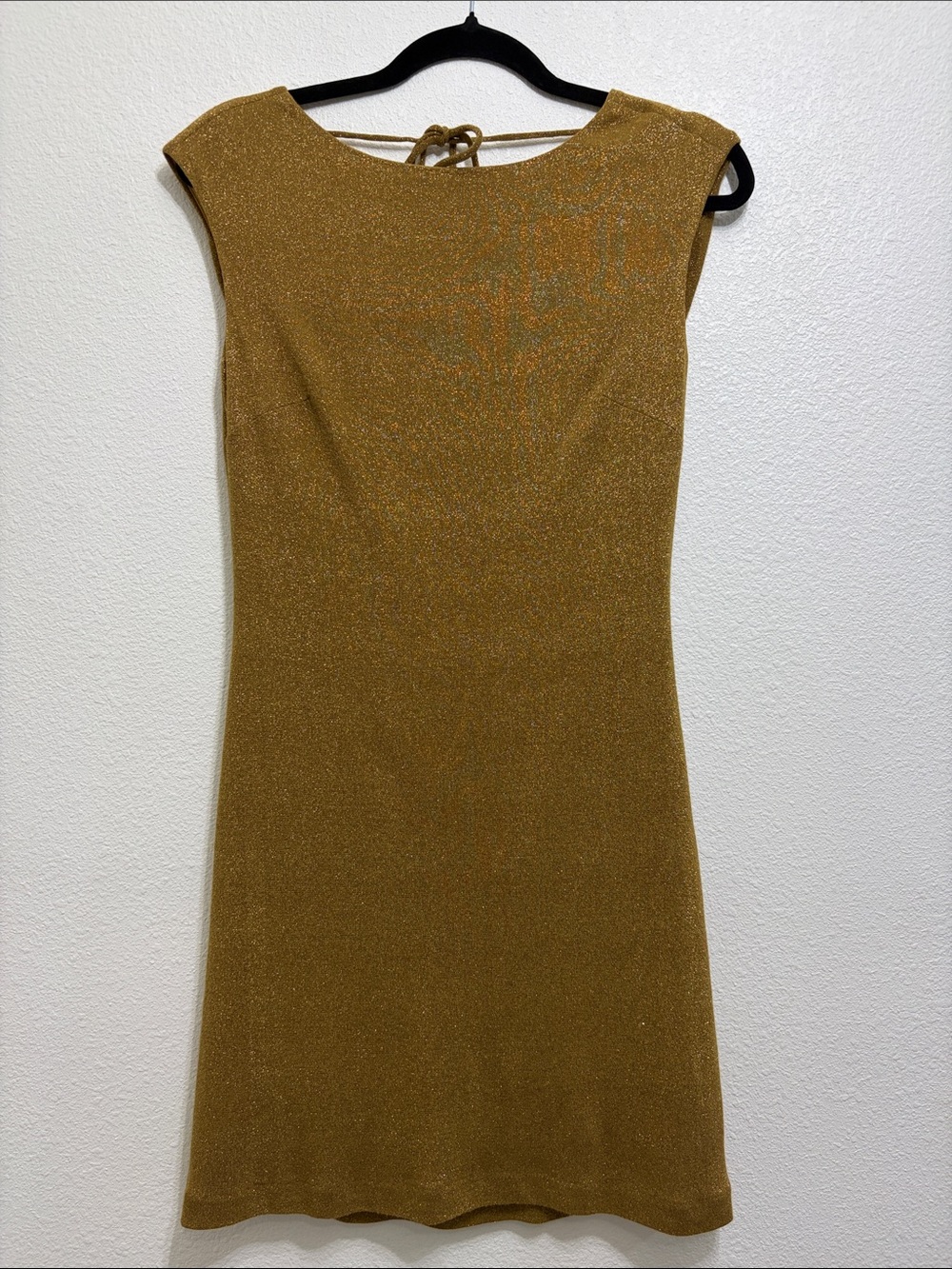 BCBGMaxAzria Gold Shimmer Backless Draped Tie Dress